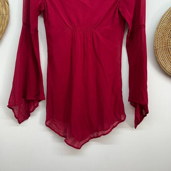 Vintage Y2K 2000s Express Red Silk Fairy Asymmetrical Long Sleeve Blouse 3/4 - Picture 5 of 6